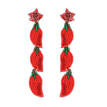 Load image into Gallery viewer, 4 Tier Jeweled Beaded Chili Peppers Long Dangle Earrings.