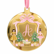 Load image into Gallery viewer, Nutcracker Ballerina Monogram Ornament | Pink & Gold Mirror Christmas Ornament