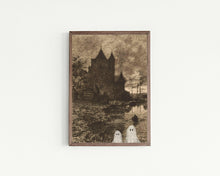 Load image into Gallery viewer, Vintage Halloween Art Print | Spooky House with Ghosts.