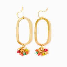 Load image into Gallery viewer, Long Oval Brass Earrings With Tiny Colorful Beaded Clusters.