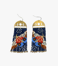 Load image into Gallery viewer, Beaded Handwoven Moonlit Moth Fringe Earrings (Indigo).
