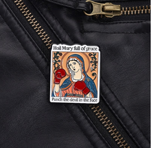 Load image into Gallery viewer, Hail Mary Punch the Devil Enamel Pin | Funny Catholic-Inspired Saint Pin