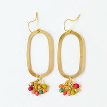 Load image into Gallery viewer, Long Oval Brass Earrings With Tiny Colorful Beaded Clusters.