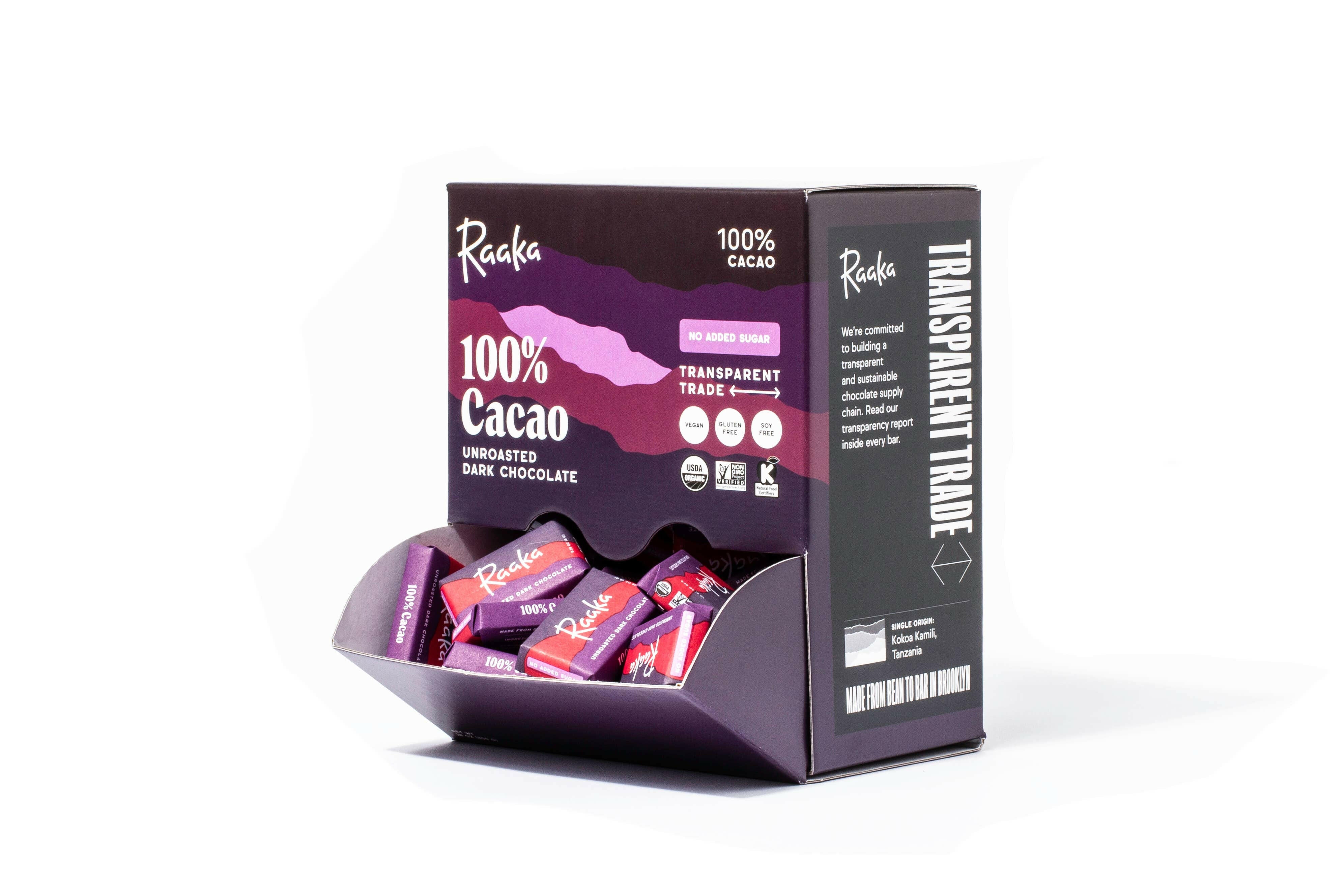 Pink Sea Salt Minis Box (Box of 100)  Dark Chocolate Snacks – Raaka  Chocolate