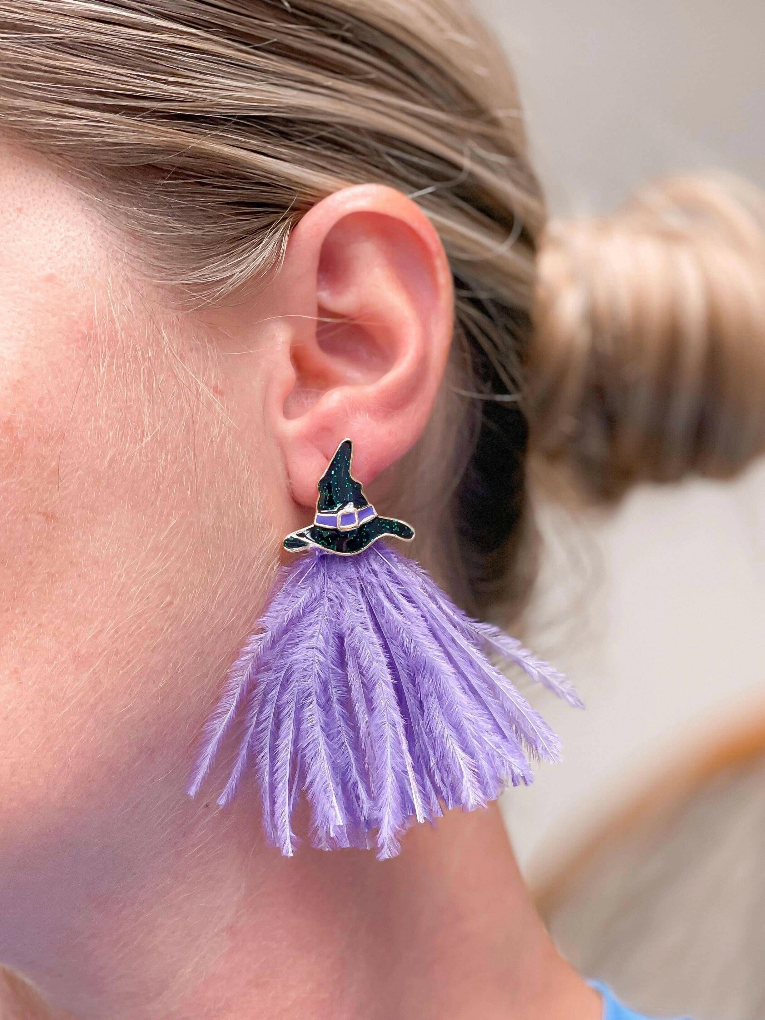 Purple feather earrings sale