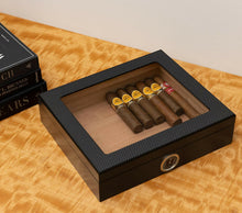 Load image into Gallery viewer, Carbon Fiber Design 20 Cigar Humidor with Glass Viewing Top.
