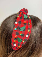 Load image into Gallery viewer, Glitter Christmas Tree Embellished Top Knot Headbands: Pink &amp; White.
