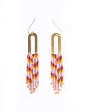Load image into Gallery viewer, Handwoven Beaded Brass Arch Fringe Earrings (Pink).

