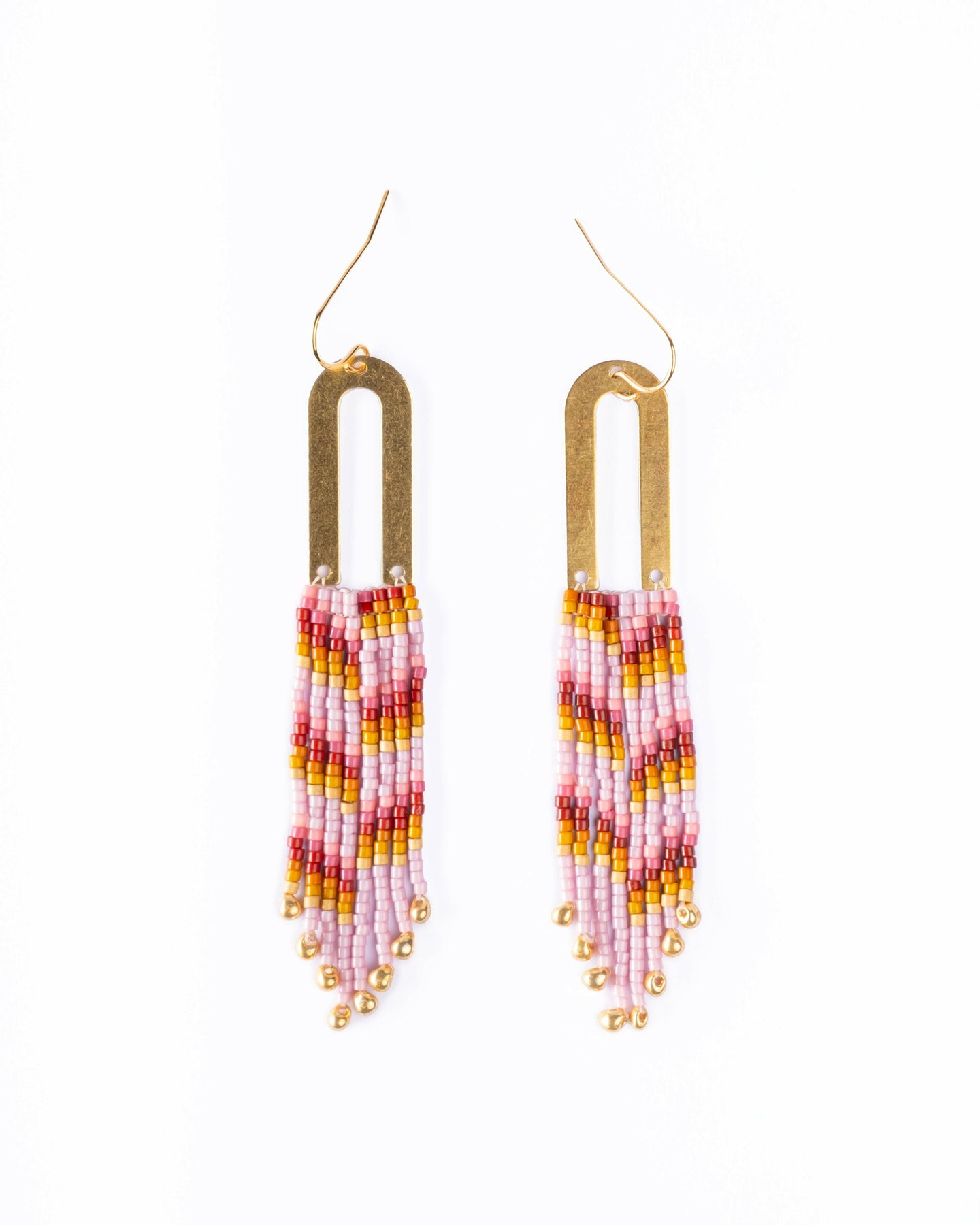 Handwoven Beaded Brass Arch Fringe Earrings (Pink).