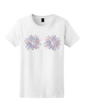 Load image into Gallery viewer, White women’s tee featuring glitter red and blue firework graphics placed across the chest.

