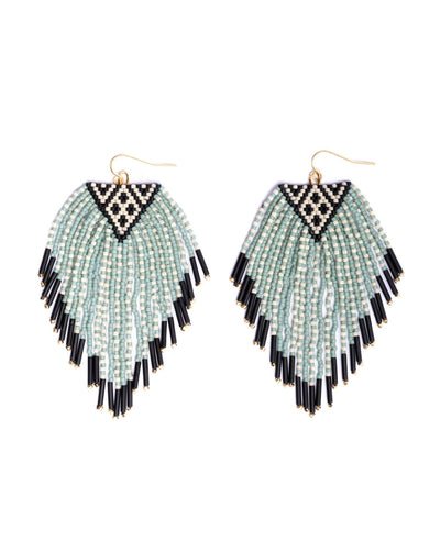 Beaded Handwoven Sonoran Triangle Fringe Earrings (Aqua).