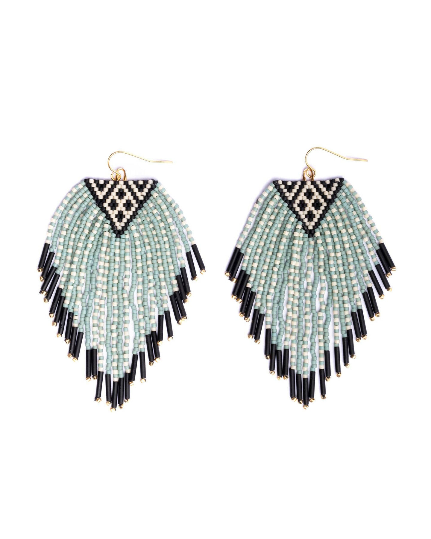 Beaded Handwoven Sonoran Triangle Fringe Earrings (Aqua).