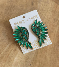Load image into Gallery viewer, Emerald Rounded Crystal Wing Earrings.

