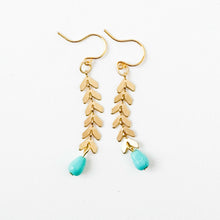 Load image into Gallery viewer, Gold Chevron Earrings With Turquoise Glass Beads.
