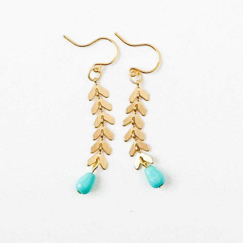 Gold Chevron Earrings With Turquoise Glass Beads.