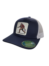 Load image into Gallery viewer, Sasquatch Trucker Mesh Snapback Hat: Brown on Khaki.
