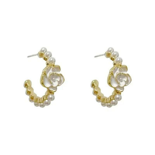 White Camellia Faux Pearl Hoop Earrings.