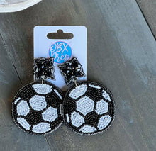 Load image into Gallery viewer, Soccer Seed Beaded Dangle Earrings.
