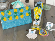 Load image into Gallery viewer, Lemons and Flowers Seed Beaded Top Knot Headband.
