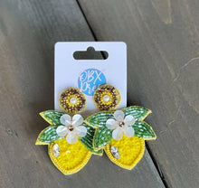 Load image into Gallery viewer, Lemon Floral Spring Seed Bead Dangle Earrings.
