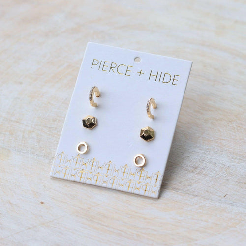 Crystal Hoop + Hex Stud Trio Earring Set.