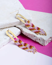 Load image into Gallery viewer, Handwoven Beaded Brass Arch Fringe Earrings (Pink).
