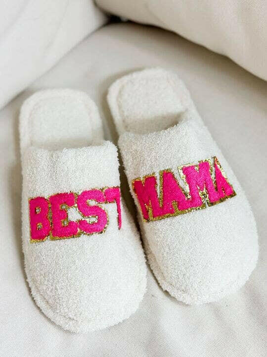 'Best Mama' Embroidered Fuzzy Slippers.