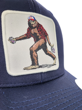 Load image into Gallery viewer, Sasquatch Trucker Mesh Snapback Hat: Brown on Khaki.
