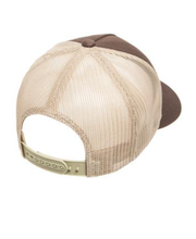 Load image into Gallery viewer, Sasquatch Trucker Mesh Snapback Hat: Brown on Khaki.
