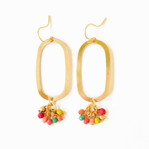 Long Oval Brass Earrings With Tiny Colorful Beaded Clusters.