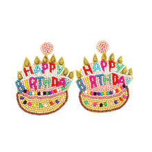 Load image into Gallery viewer, Beaded &amp; Jeweled &quot;Happy Birthday&quot; Cake Dangle Earrings
