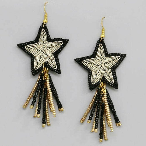 Black and Gold Cascading Star Seed Beaded Drop Earrings.