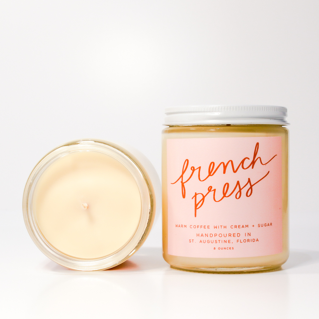 French Press: 8 oz Soy Wax Hand-Poured Candle.