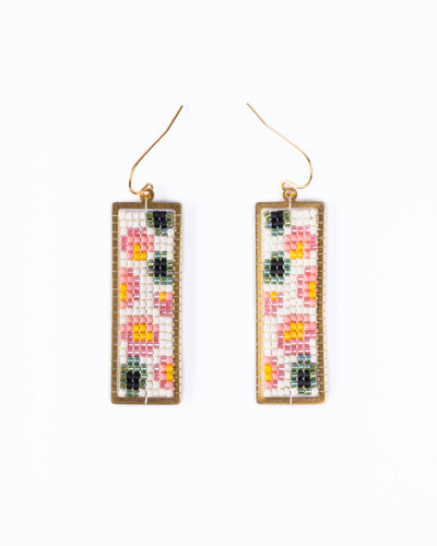 Handwoven Beaded Brass Framed Floral Earrings (White).