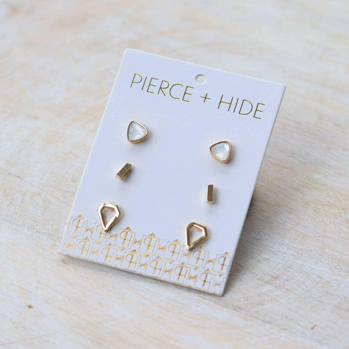 Gold Opal Stud Trio Earrings.