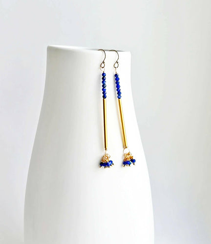 Long Lapis Modern Earrings | Blue and Gold Earrings.