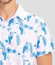 Load image into Gallery viewer, Toucan Tango Men&#39;s Golf Shirt - Tropical Floral Golf Polo.
