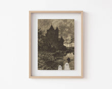 Load image into Gallery viewer, Vintage Halloween Art Print | Spooky House with Ghosts.
