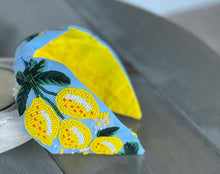 Load image into Gallery viewer, Lemons and Flowers Seed Beaded Top Knot Headband.
