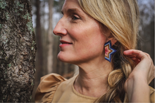 Load image into Gallery viewer, Beaded Handwoven Medium Half Star Earrings (Blue/Pink)

