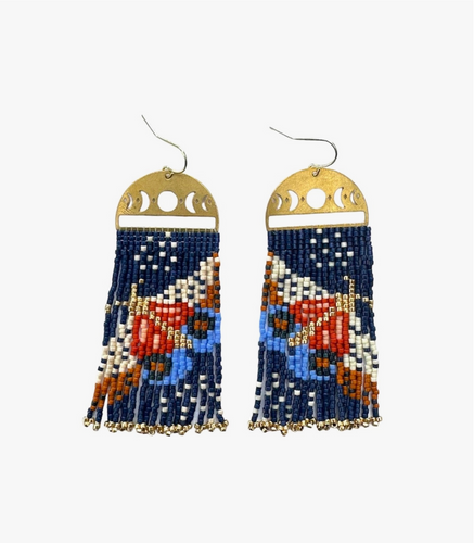 Beaded Handwoven Moonlit Moth Fringe Earrings (Indigo).