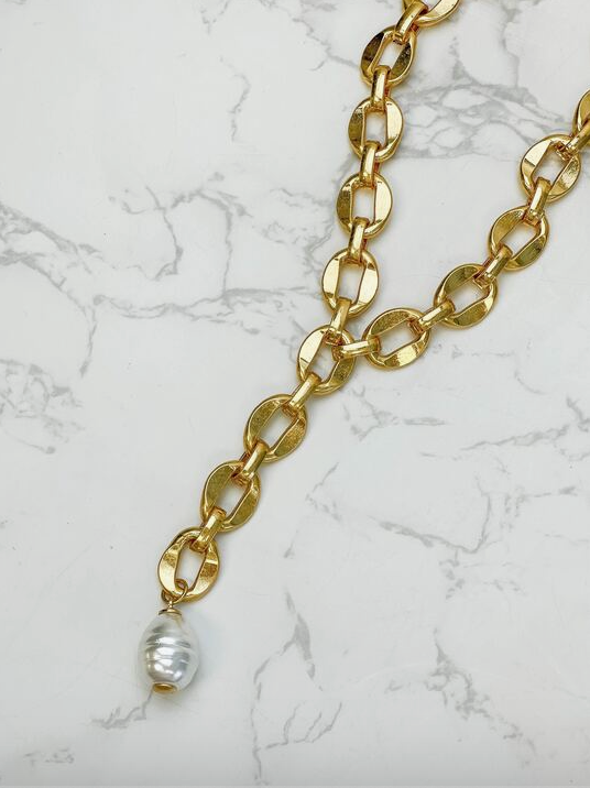 Freshwater Pearl Bold Link Necklace - Gold