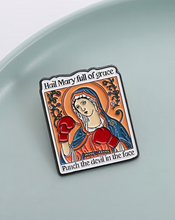 Load image into Gallery viewer, Hail Mary Punch the Devil Enamel Pin | Funny Catholic-Inspired Saint Pin
