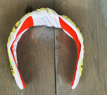 Load image into Gallery viewer, Softball Seed Beaded Hearts Top Knot Headband
