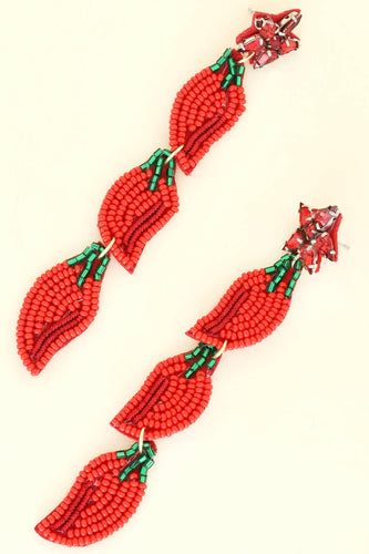 4 Tier Jeweled Beaded Chili Peppers Long Dangle Earrings.