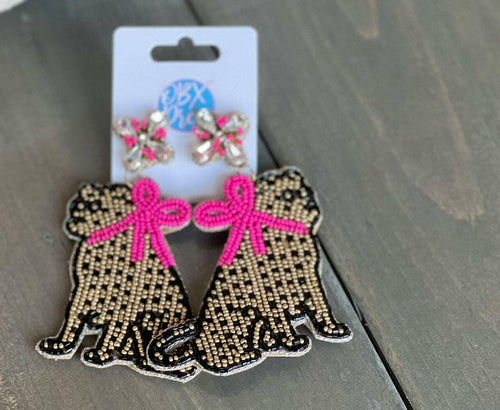 Jaguar with Pink Bow Exclusive Preppy Dangle Earrings.