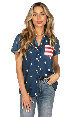 Women's Patriotic Pocket Button Down Hawaiian Shirt.