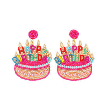 Load image into Gallery viewer, Beaded &amp; Jeweled &quot;Happy Birthday&quot; Cake Dangle Earrings.
