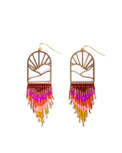Beaded Handwoven Sedona Sunset Fringe Earrings (Magenta).