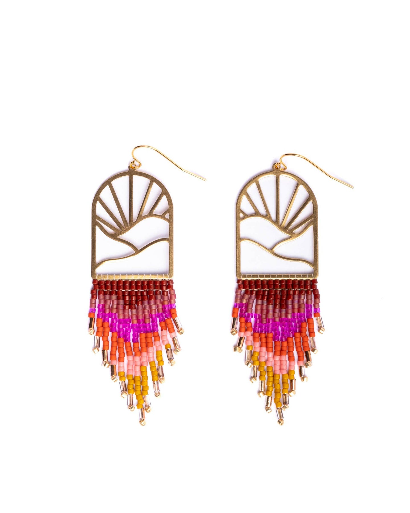 Beaded Handwoven Sedona Sunset Fringe Earrings (Magenta).
